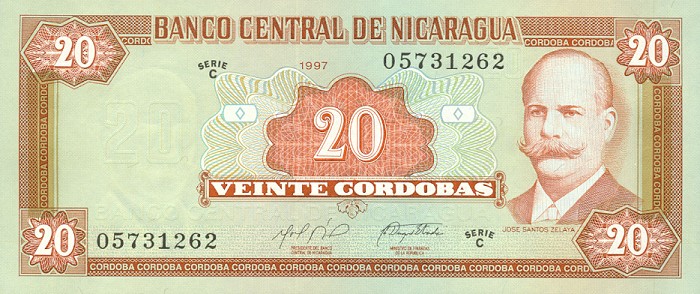 Front of Nicaragua p185a: 20 Cordobas from 1997