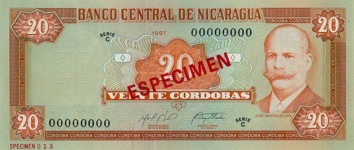 Front of Nicaragua p185s: 20 Cordobas from 1997