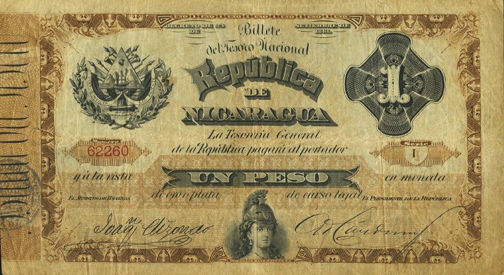 Front of Nicaragua p1a: 1 Peso from 1881