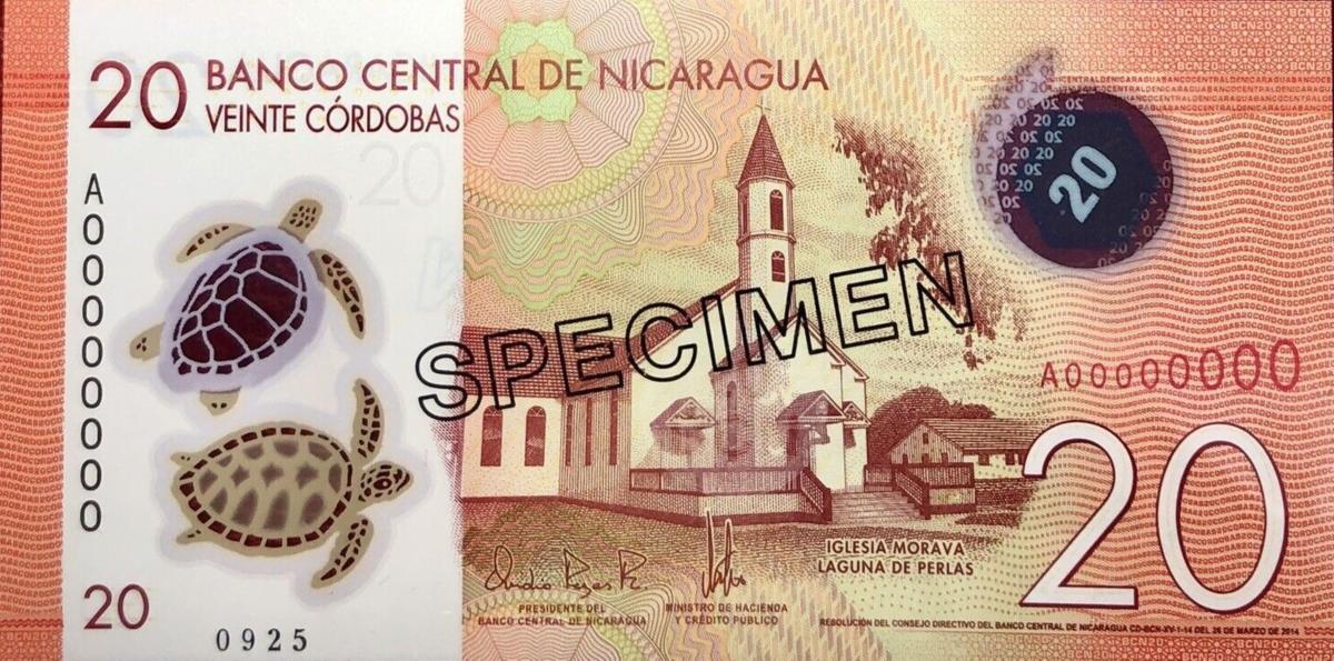 Front of Nicaragua p210s: 20 Cordobas from 2014