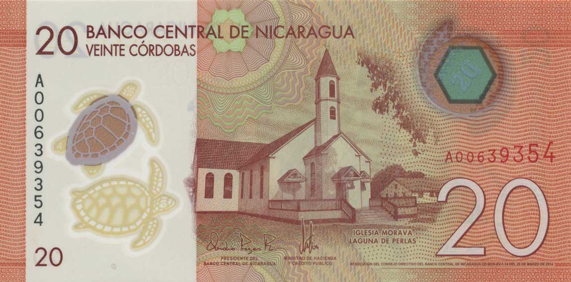 Front of Nicaragua p210a: 20 Cordobas from 2014