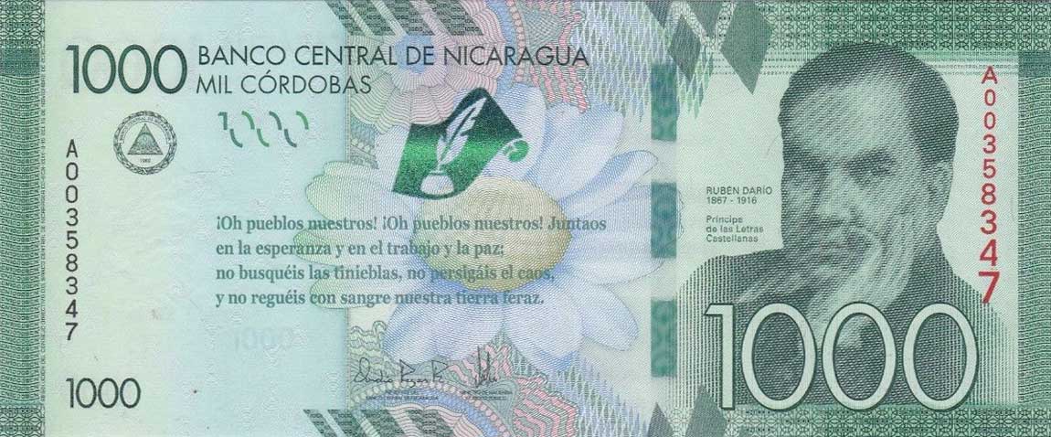 Front of Nicaragua p216a: 1000 Cordobas from 2016