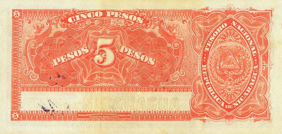 Back of Nicaragua p36: 5 Pesos from 1908