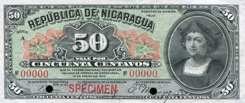 Front of Nicaragua p43s: 50 Centavos from 1910