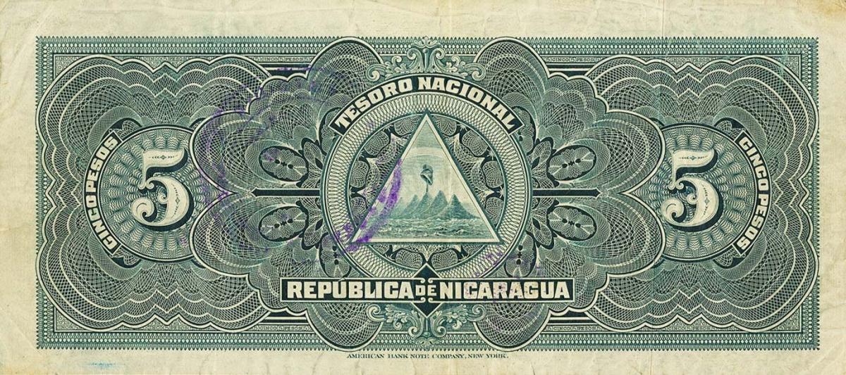 Back of Nicaragua p45a: 5 Pesos from 1910