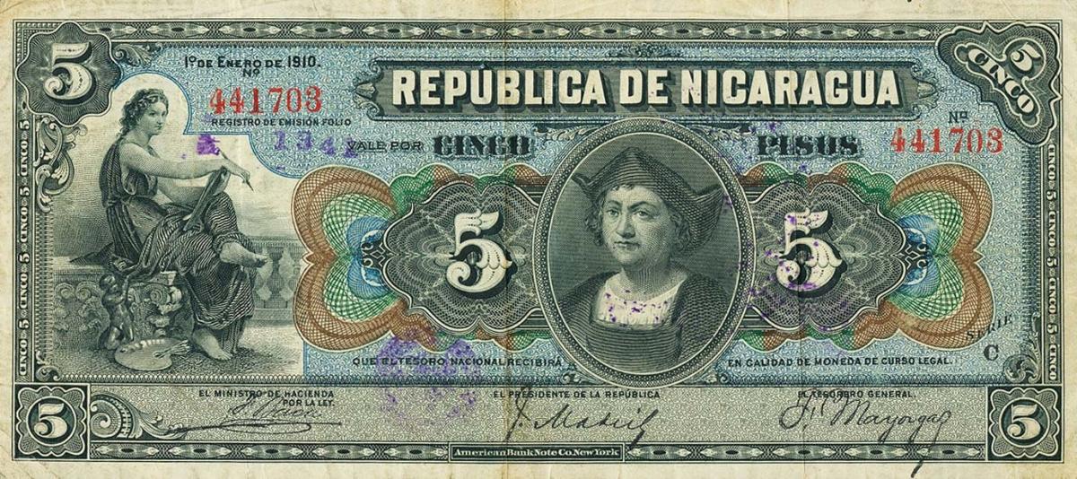 Front of Nicaragua p45a: 5 Pesos from 1910