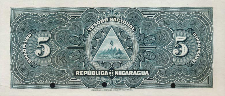 Back of Nicaragua p45s: 5 Pesos from 1910