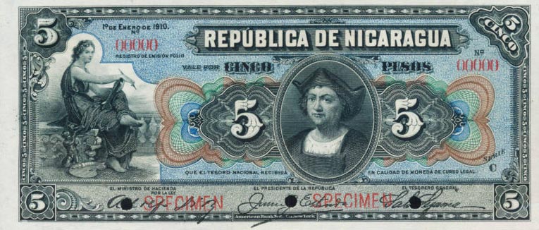 Front of Nicaragua p45s: 5 Pesos from 1910