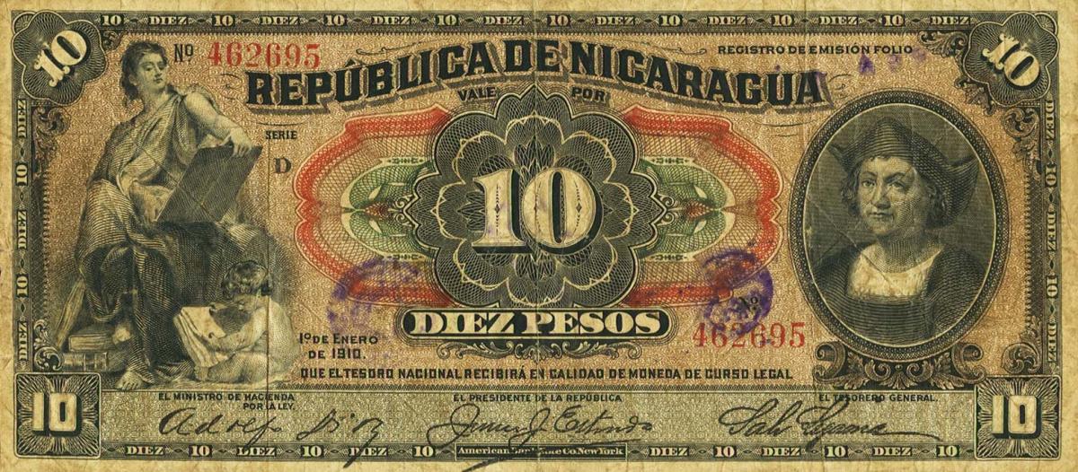 Front of Nicaragua p46b: 10 Pesos from 1910