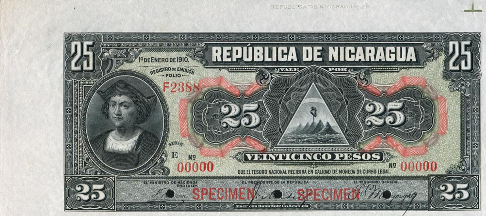 Front of Nicaragua p47s: 25 Pesos from 1910