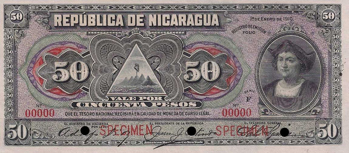 Front of Nicaragua p48s2: 50 Pesos from 1910