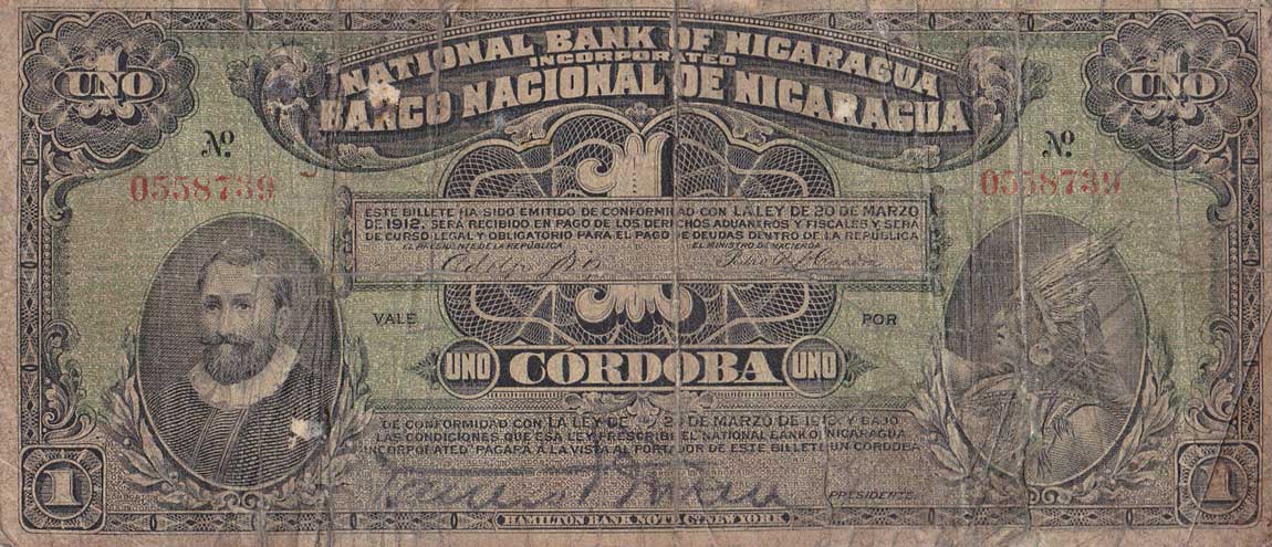 Front of Nicaragua p55a: 1 Cordoba from 1914