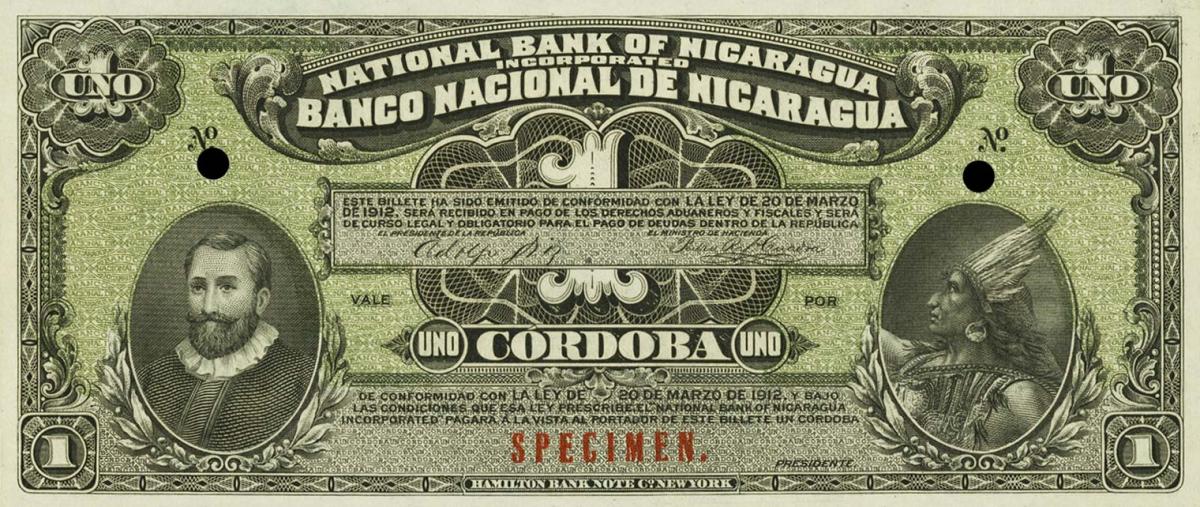 Front of Nicaragua p55s: 1 Cordoba from 1912