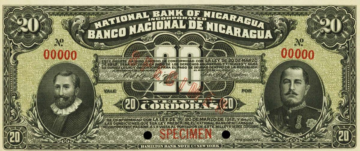 Front of Nicaragua p59s: 20 Cordobas from 1912