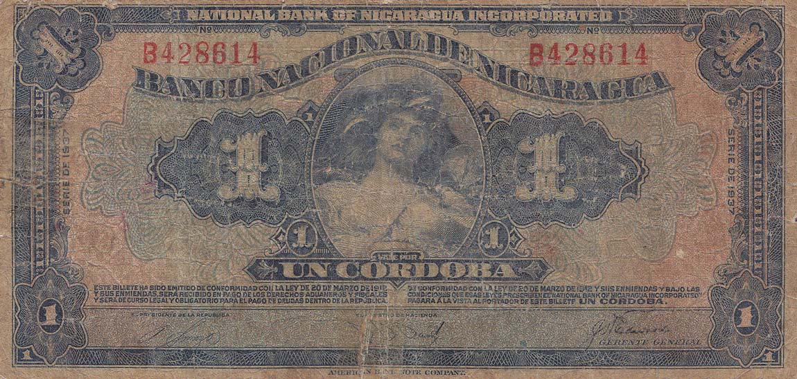 Front of Nicaragua p63a: 1 Cordoba from 1932