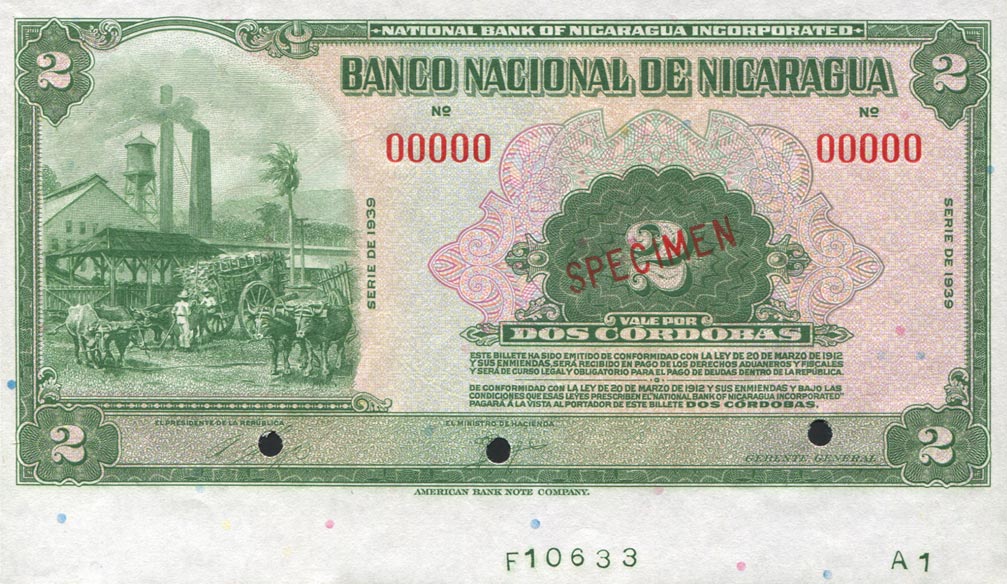 Front of Nicaragua p64s: 2 Cordobas from 1939