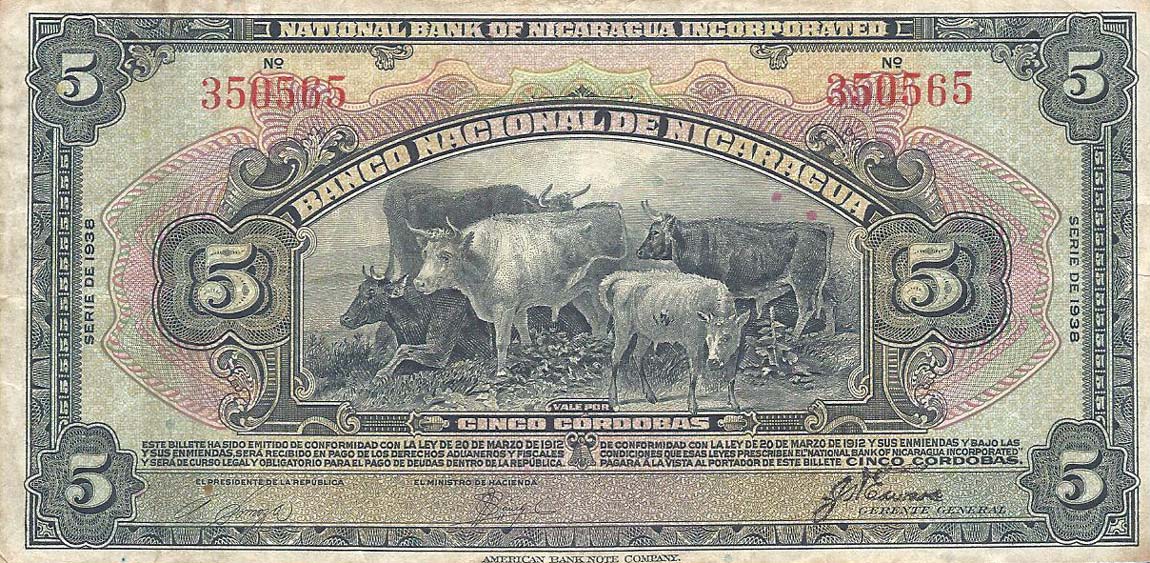 Front of Nicaragua p65b: 5 Cordobas from 1938