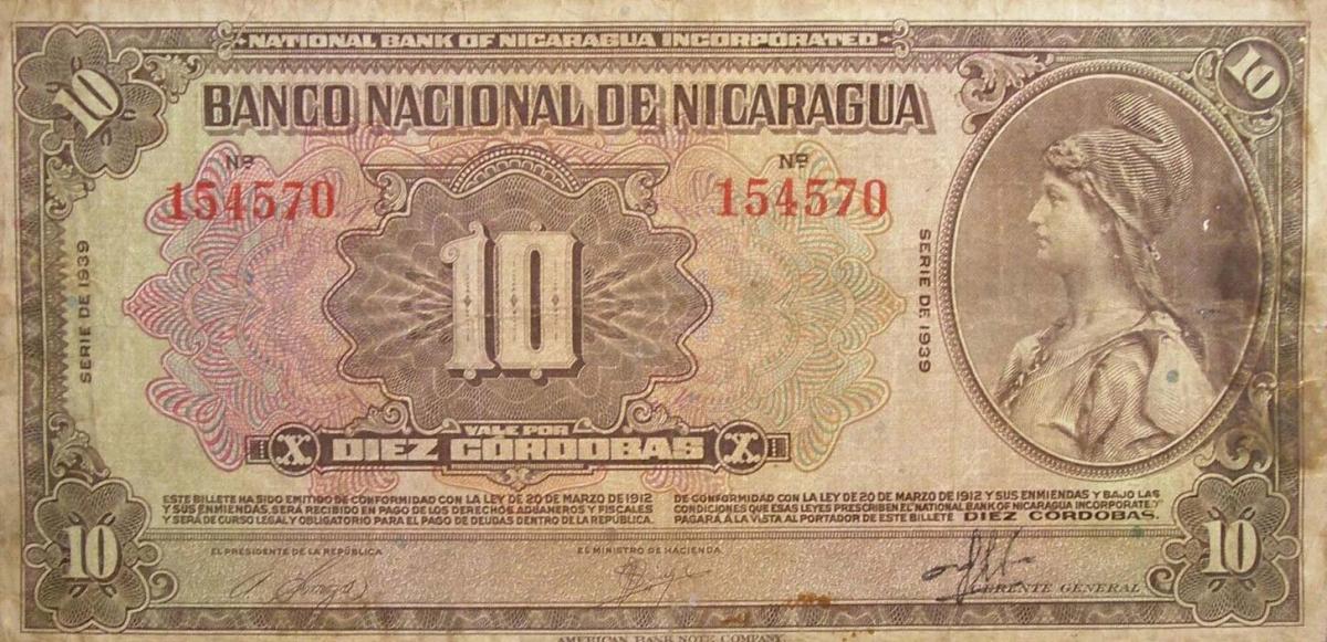 Front of Nicaragua p66b: 10 Cordobas from 1938