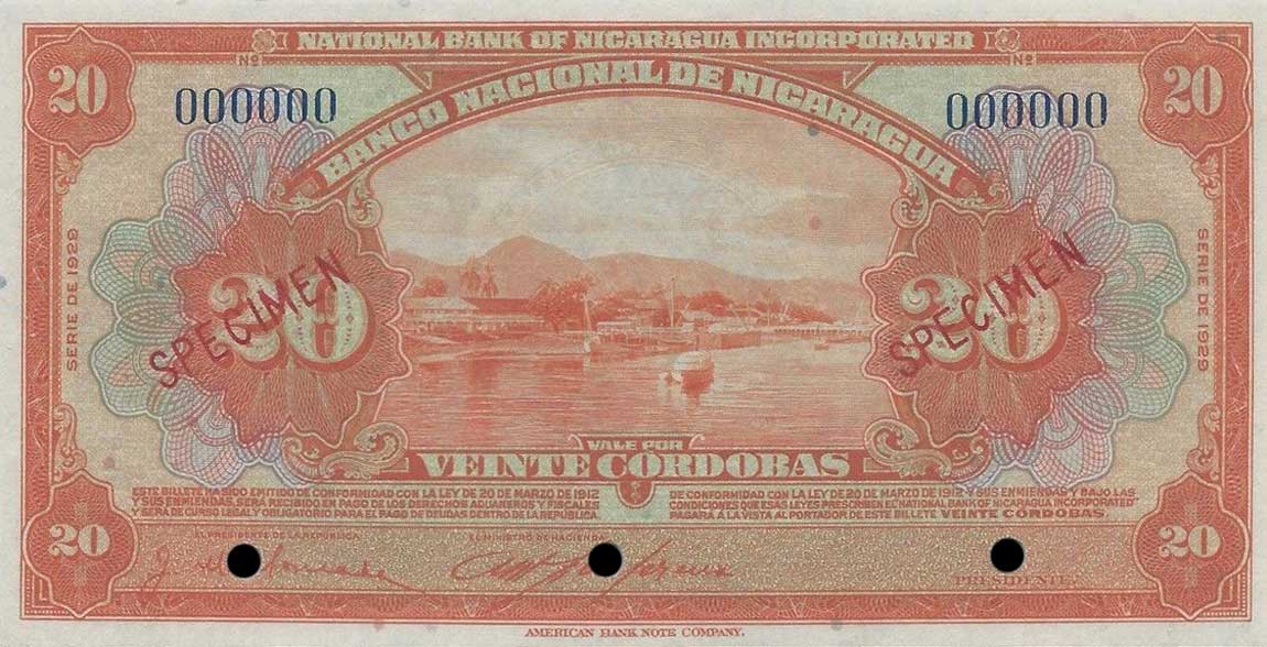 Front of Nicaragua p67s1: 20 Cordobas from 1929