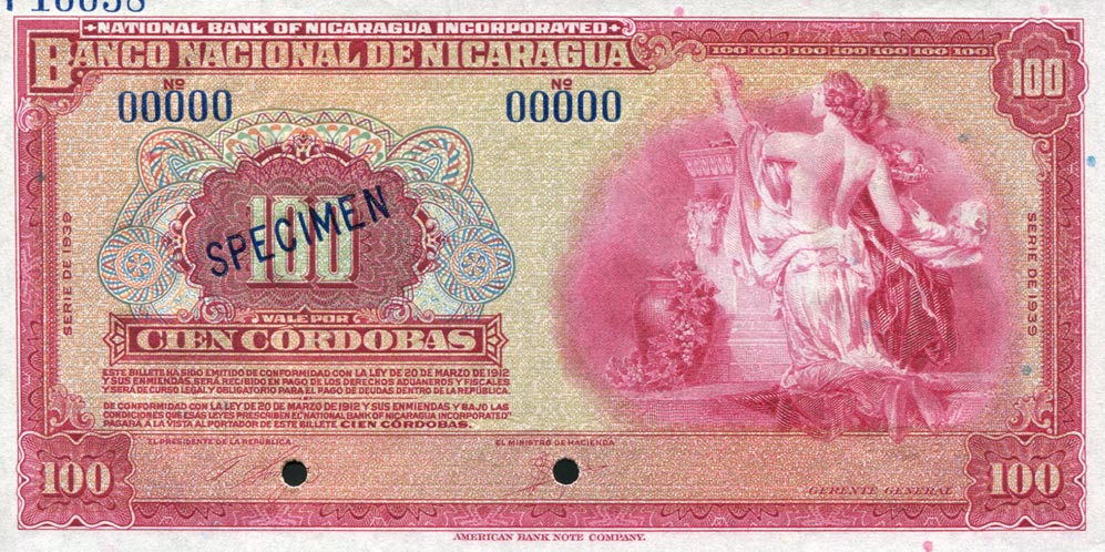 Front of Nicaragua p69s: 100 Cordobas from 1939