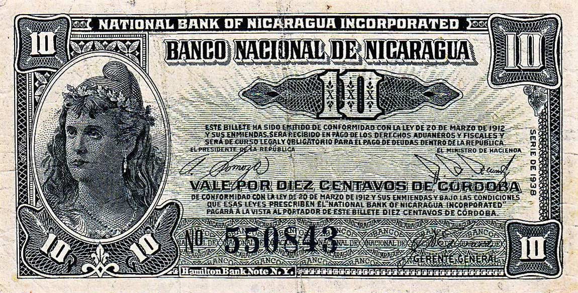 Front of Nicaragua p79: 10 Centavos from 1938