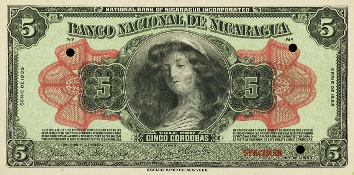 Front of Nicaragua p83s: 5 Cordobas from 1935