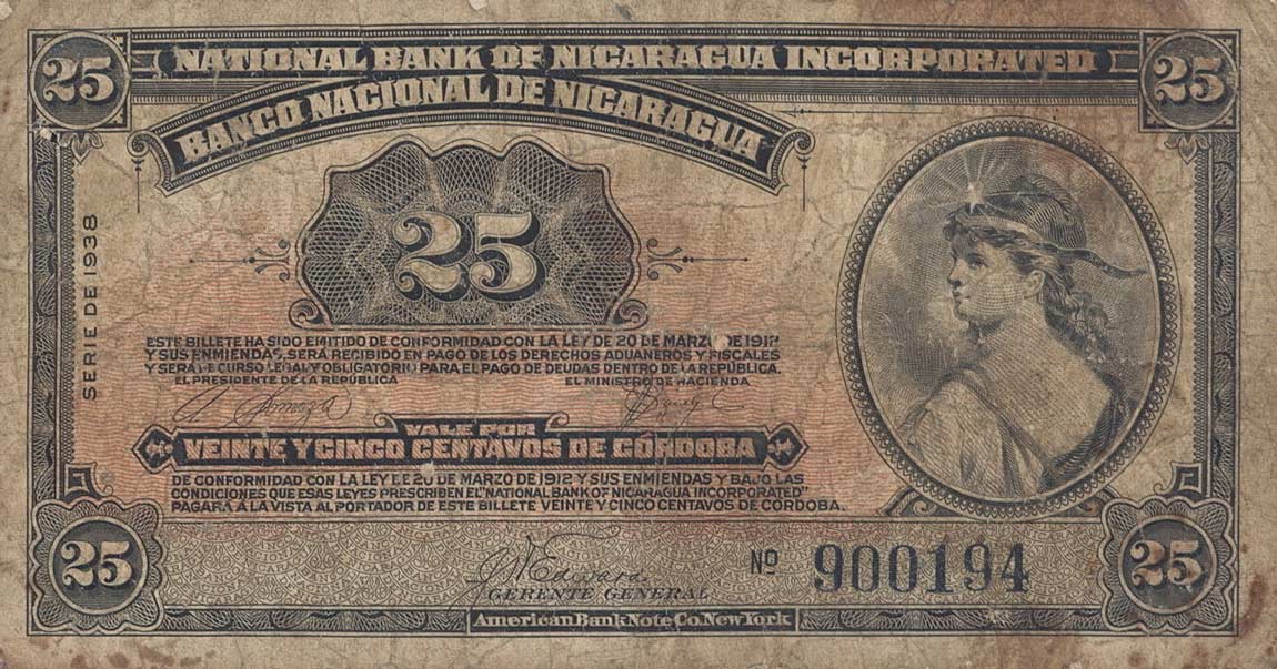 Front of Nicaragua p86b: 25 Centavos from 1937