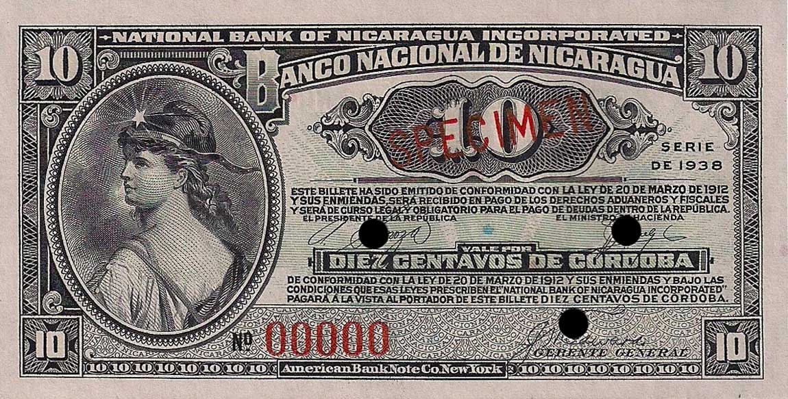 Front of Nicaragua p87s: 10 Centavos from 1938