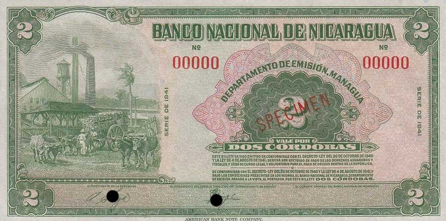 Front of Nicaragua p92s1: 2 Cordobas from 1941