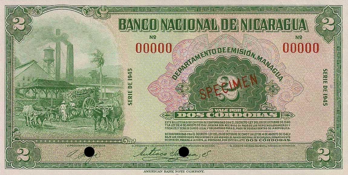 Front of Nicaragua p92s2: 2 Cordobas from 1945