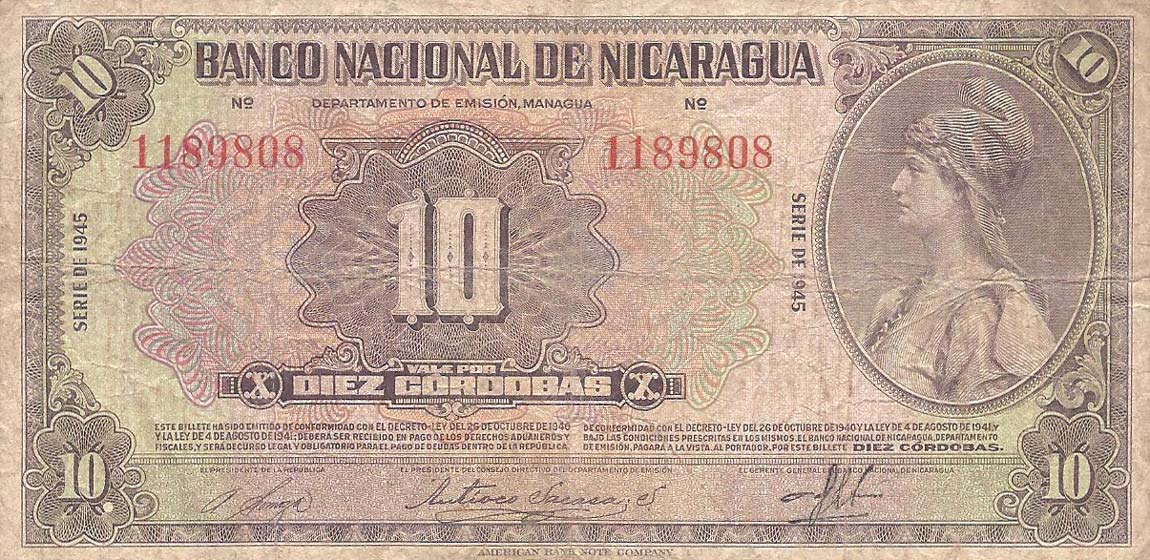 Front of Nicaragua p94a: 10 Cordobas from 1942