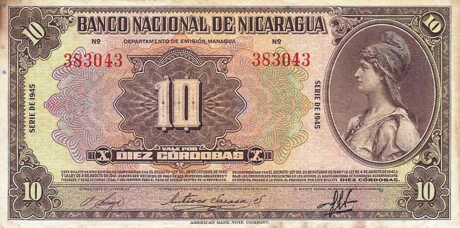 Front of Nicaragua p94b: 10 Cordobas from 1945