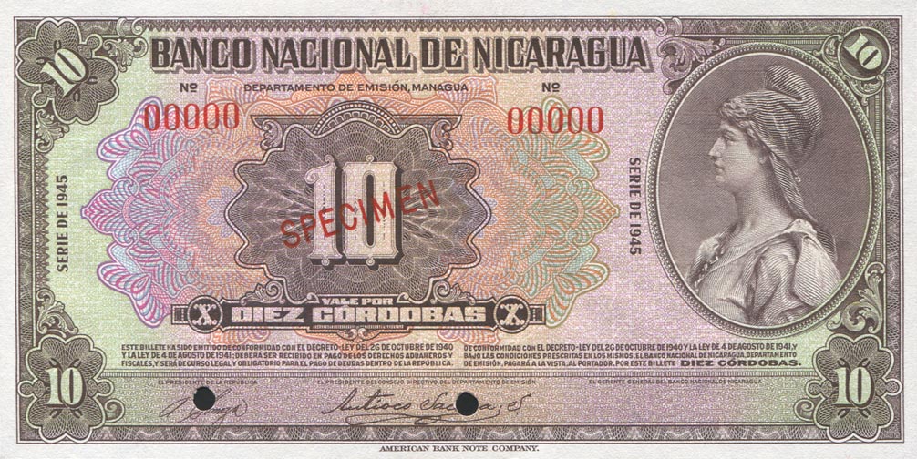 Front of Nicaragua p94s2: 10 Cordobas from 1945