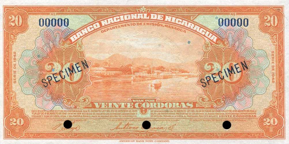 Front of Nicaragua p95s1: 20 Cordobas from 1942