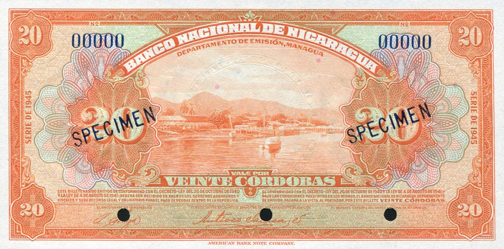 Front of Nicaragua p95s2: 20 Cordobas from 1945