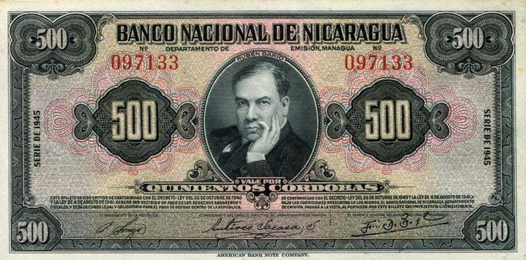 Front of Nicaragua p98a: 500 Cordobas from 1945