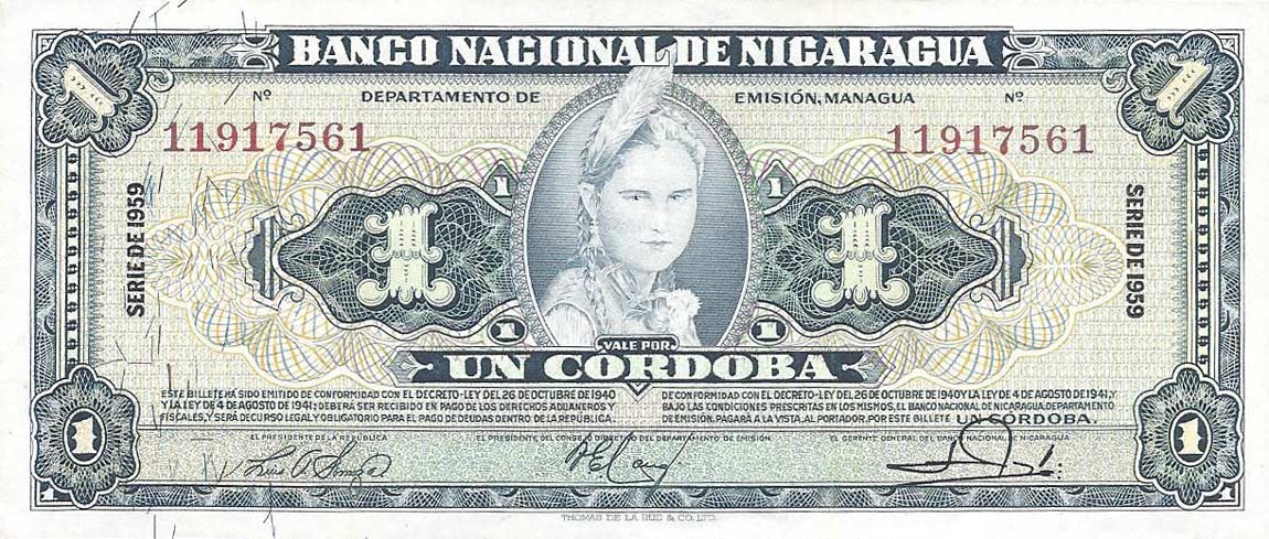 Front of Nicaragua p99c: 1 Cordoba from 1959