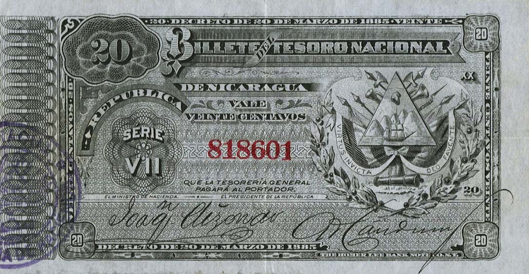 Front of Nicaragua p9a: 20 Centavos from 1885