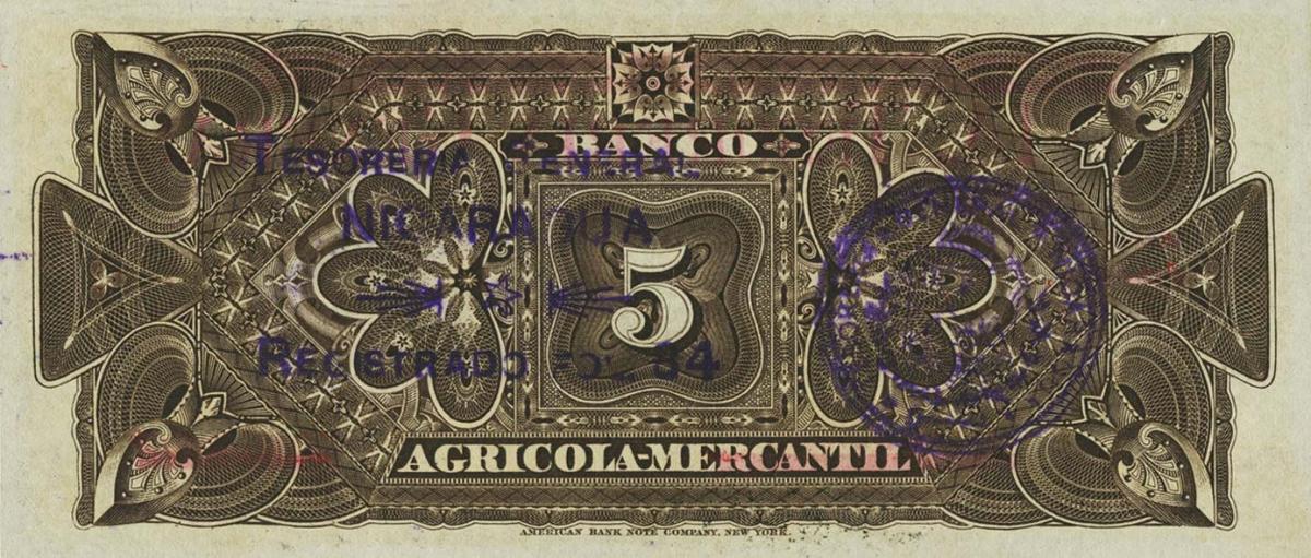 Back of Nicaragua pA15a: 5 Pesos from 1896