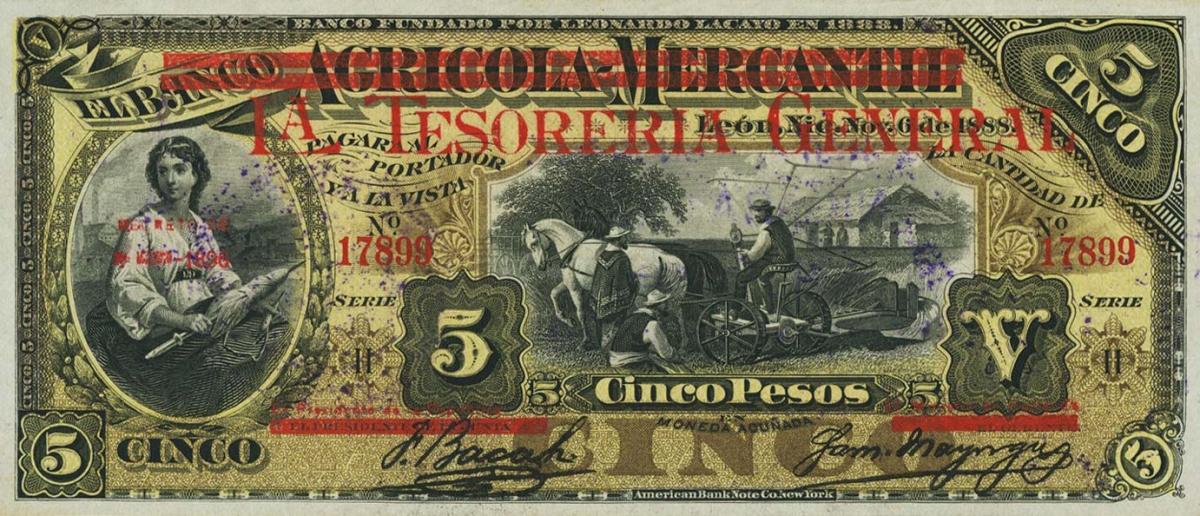 Front of Nicaragua pA15a: 5 Pesos from 1896