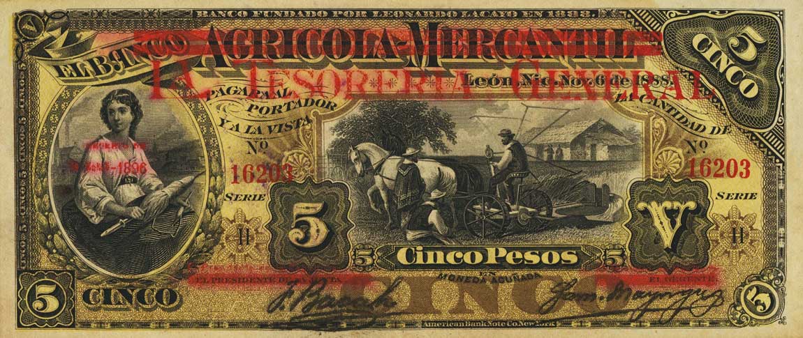 Front of Nicaragua pA15b: 5 Pesos from 1896