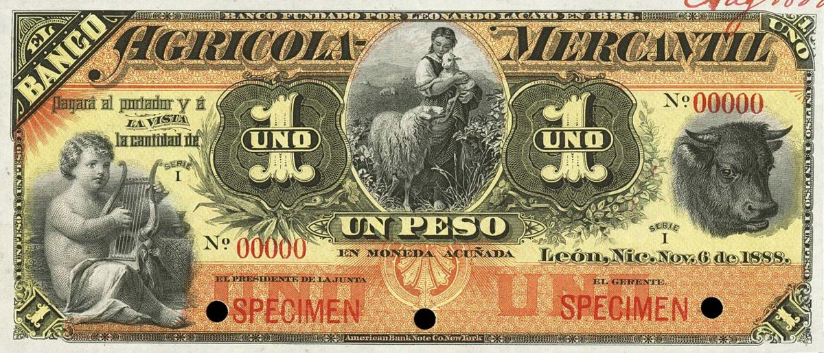 Front of Nicaragua pS107s: 1 Peso from 1888