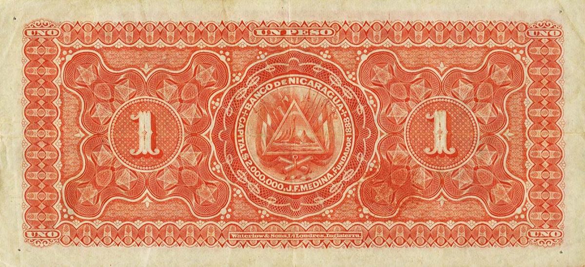 Back of Nicaragua pS122r: 1 Peso from 1889