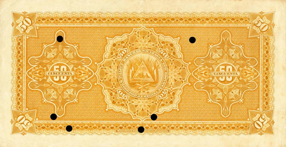 Back of Nicaragua pS125s: 50 Pesos from 1889