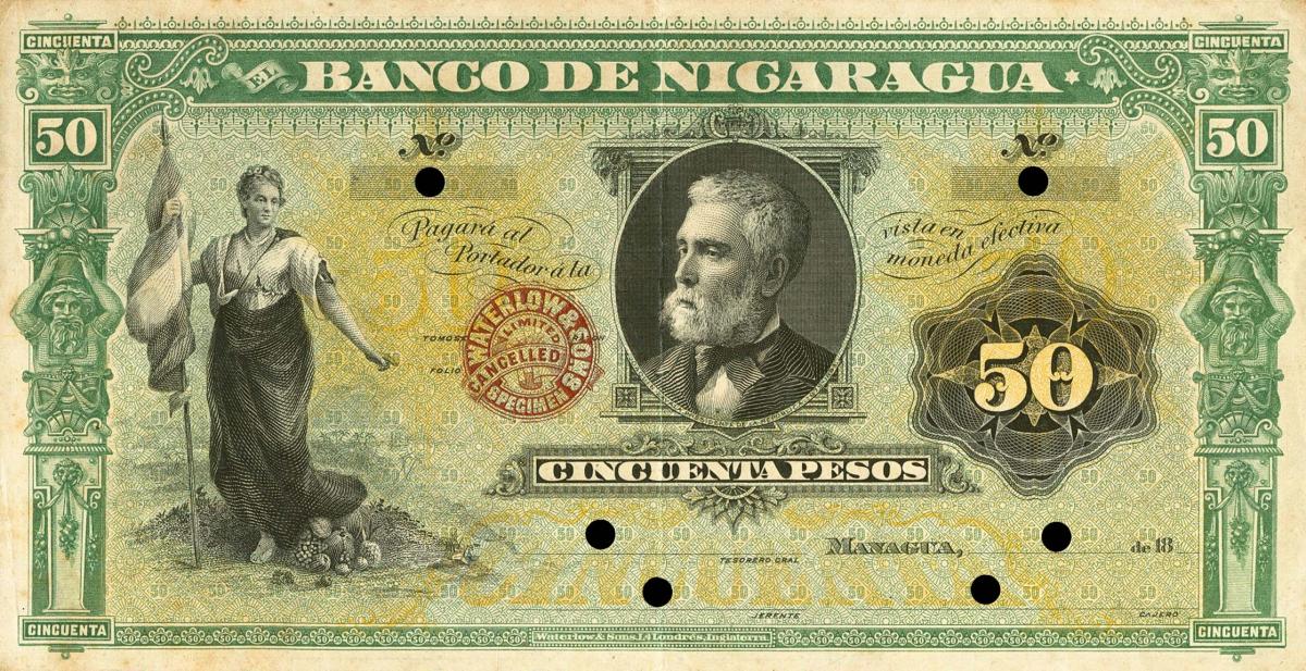 Front of Nicaragua pS125s: 50 Pesos from 1889