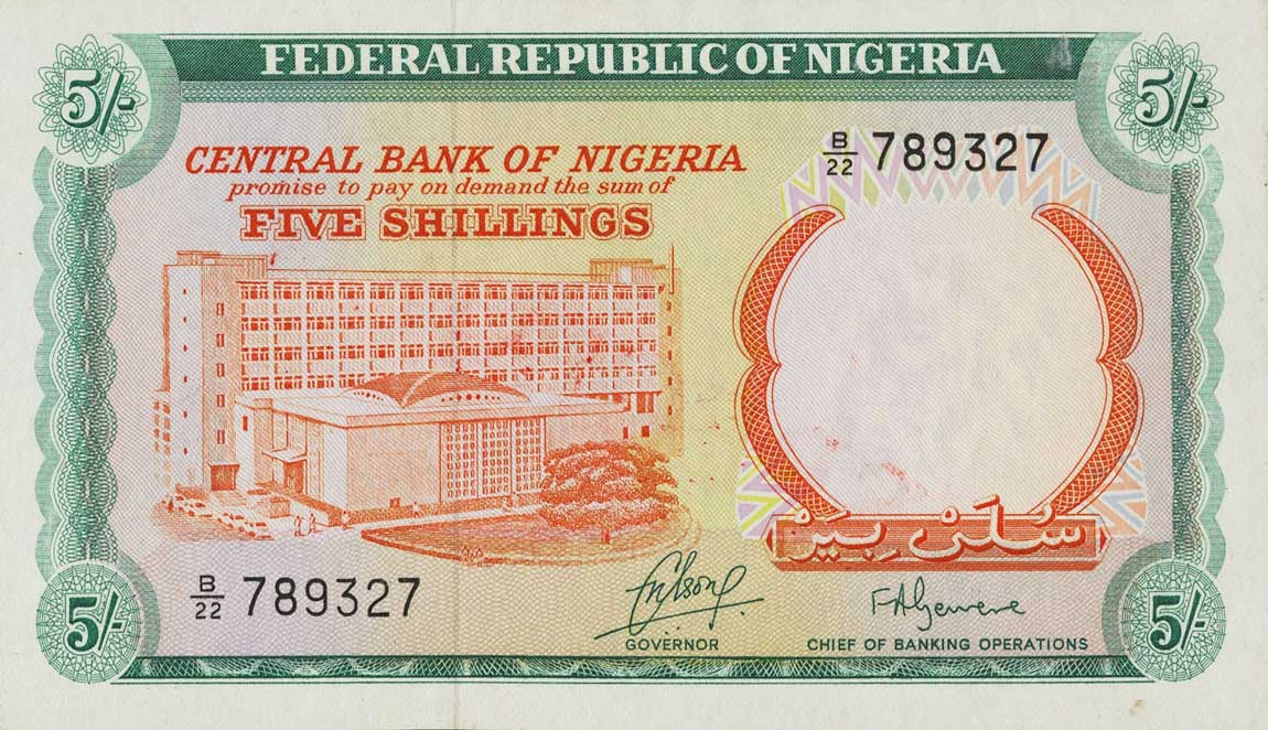 Front of Nigeria p10s: 5 Shillings from 1968