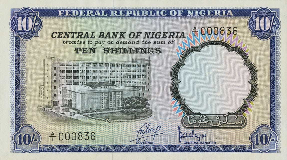 Front of Nigeria p11s: 10 Shillings from 1968