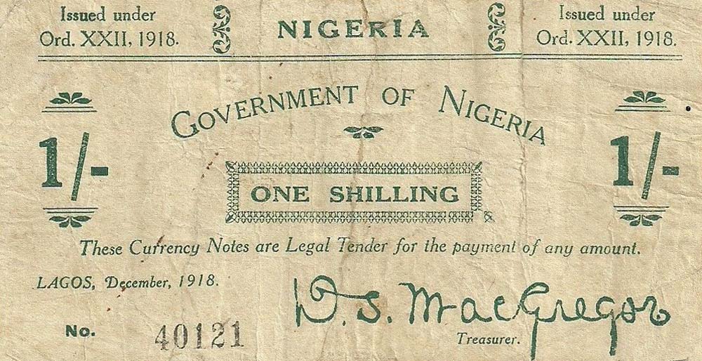 Front of Nigeria p1: 1 Shilling from 1918