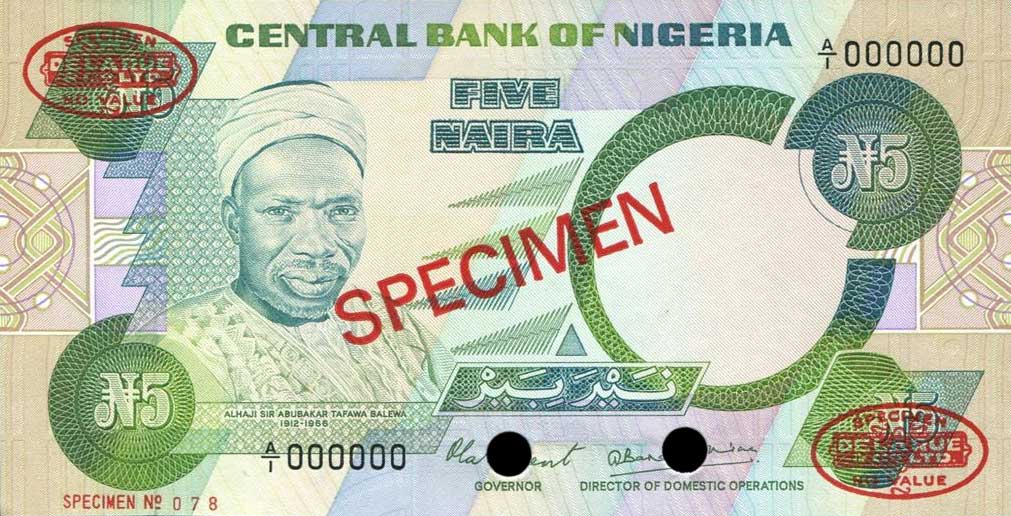 Front of Nigeria p20s: 5 Naira from 1979