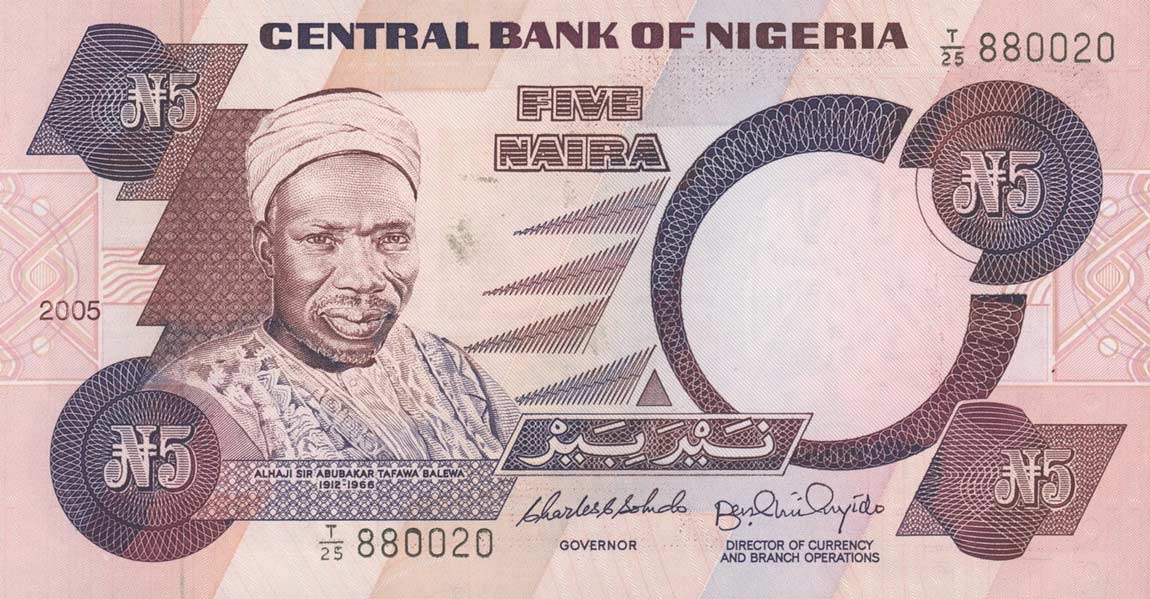 Front of Nigeria p24j: 5 Naira from 2005